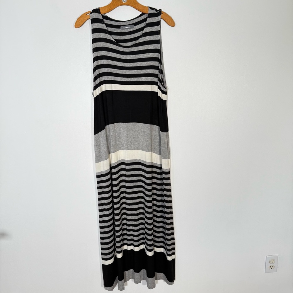 Alembika Black Grey Striped Maxi Dress Lagenlook Minimalist Artsy 6 = US 16